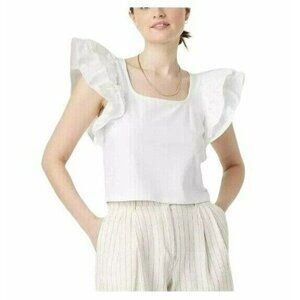 ⭐Women's Crop Top blouse Double Flutter Short Sleeve Sz XL Slim Fit White Cotton